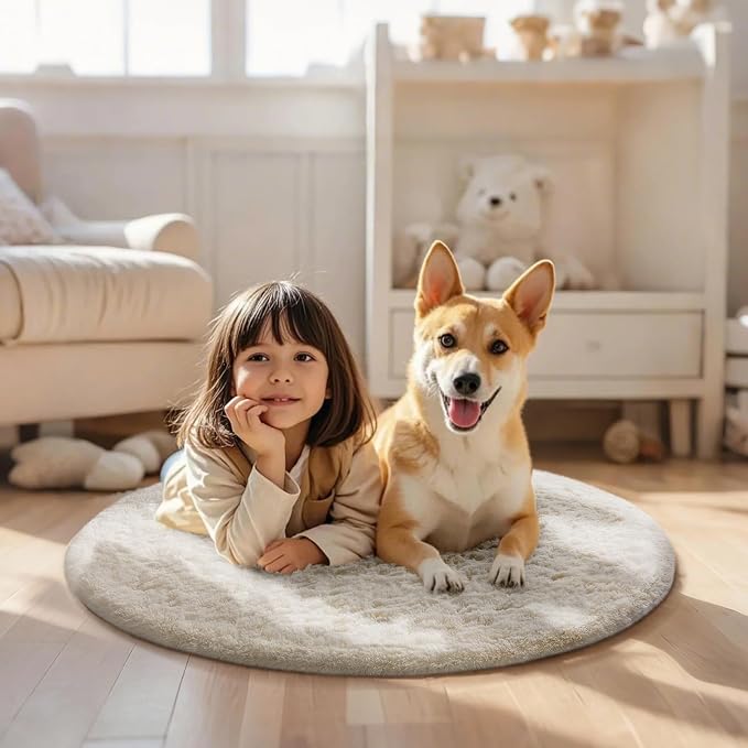 Ophanie Round Rug 2Ft Ivory Circle Area Rug, Fluffy Fuzzy Bedroom Carpet - Image 3