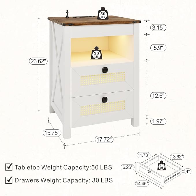FREDEES Nightstand Set 2 with Gun Drawer, Bed Side Table with Charging Station - Image 2