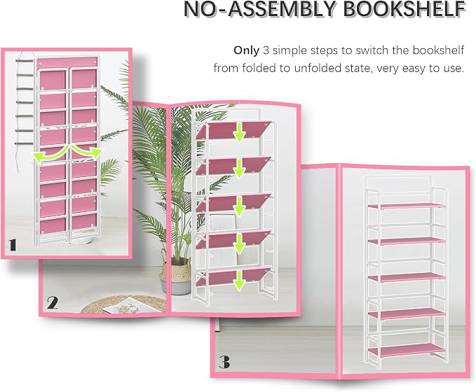 4NM No Assembly 5 Tiers Folding Bookshelf Storage Shelves Vintage Bookcase - Image 6