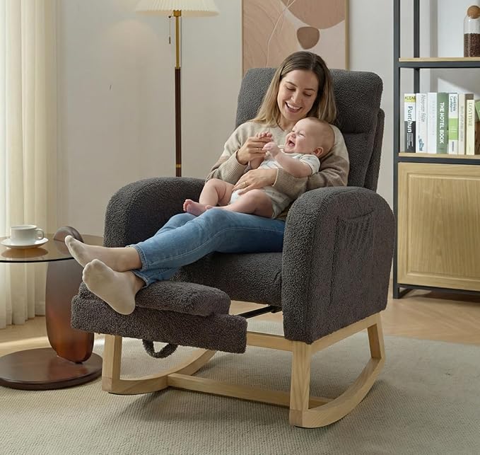 NIOIIKIT Modern Nursery Rocking Chair, Teddy Upholstered Rocking Chair - Image 3