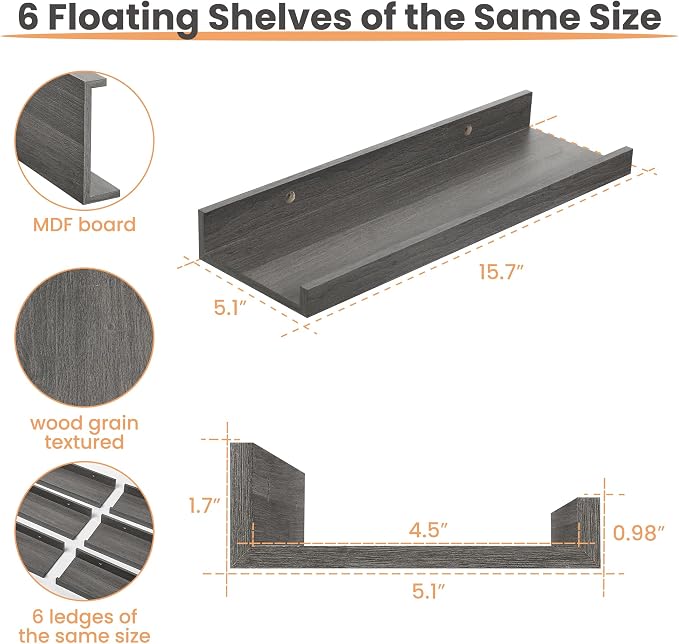 upsimples Floating Shelves for Wall, Wall Shelves for Decor Storage Set of 6 - Image 3