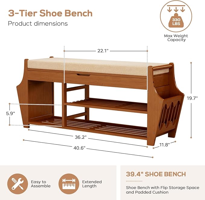oakvivo 39.4in Shoe Bench with 2 Side Holder, 3 Tier Bamboo Entryway Bench with - Image 2