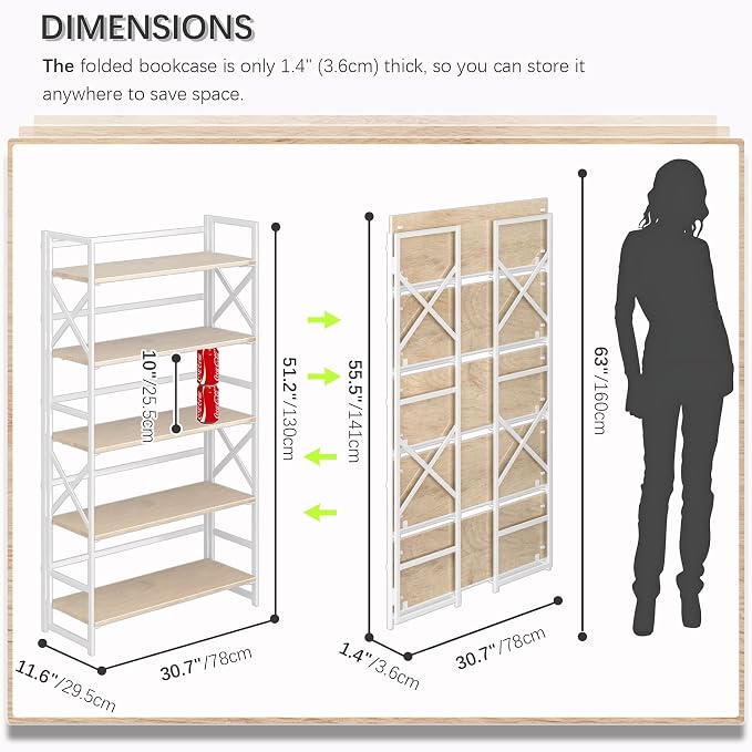 4NM Extra Wide 5 Tiers No Assembly Book Shelves, 51.2" H Folding Bookshelf - Image 2