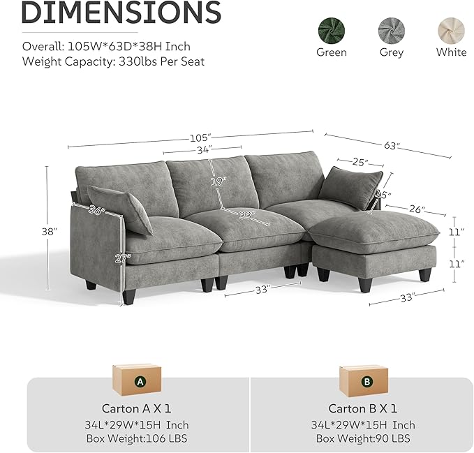 Ihanherry 105" Modular Sectional Sofa, L-Shaped Cloud Couch - Image 9