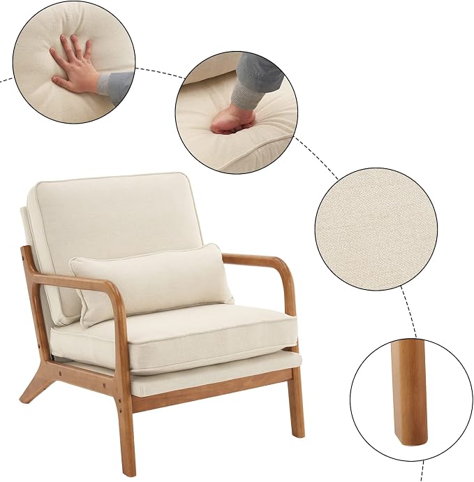 Bonnlo Fine Linen Beige Mid Century Modern Accent Chair, Soild Wood Padding - Image 4