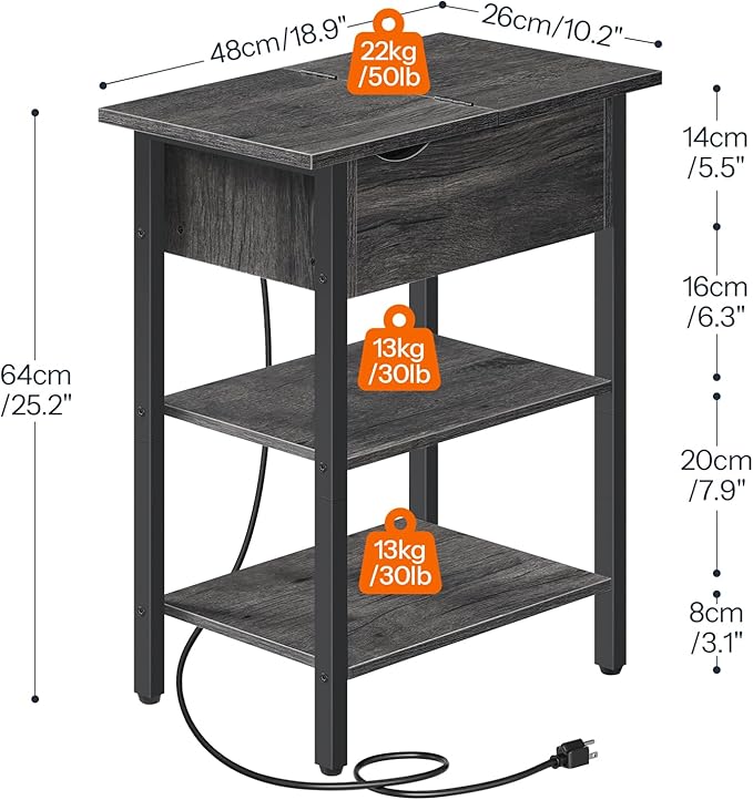 HOOBRO End Table with Charging Station, Narrow Side Table, Flip Top Nightstand - Image 3