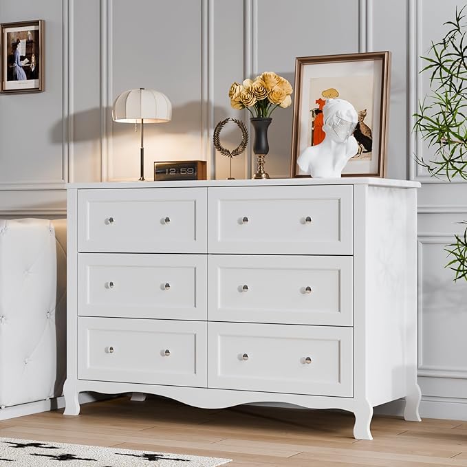 VINGLI White Dresser 6 Drawer, Wood Dresser Chest of Drawers, Clothes Dressers by VINGLI
