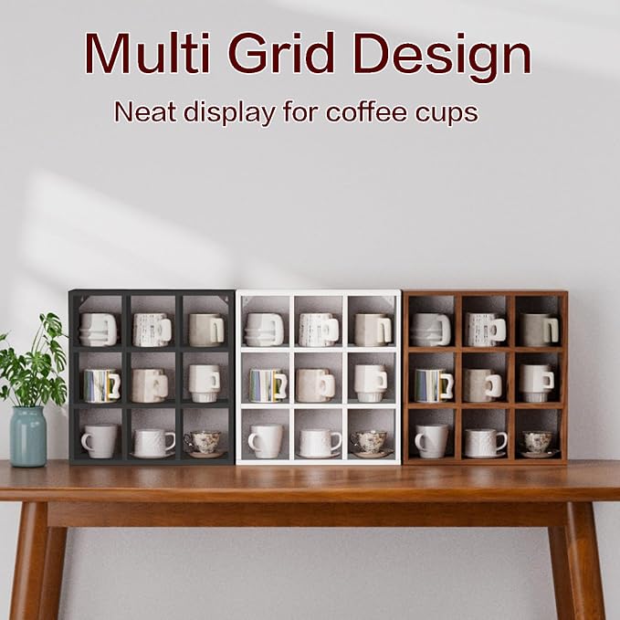 Helsin 9 Grid Vintage Coffee Mug Display Rack, 16inch Wall Mounted Wooden Curio - Image 6