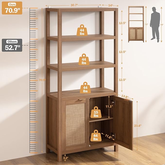 SICOTAS Bookshelf 5 Tier Book Shelf Rattan Boho 71" Tall Bookcase - Image 3