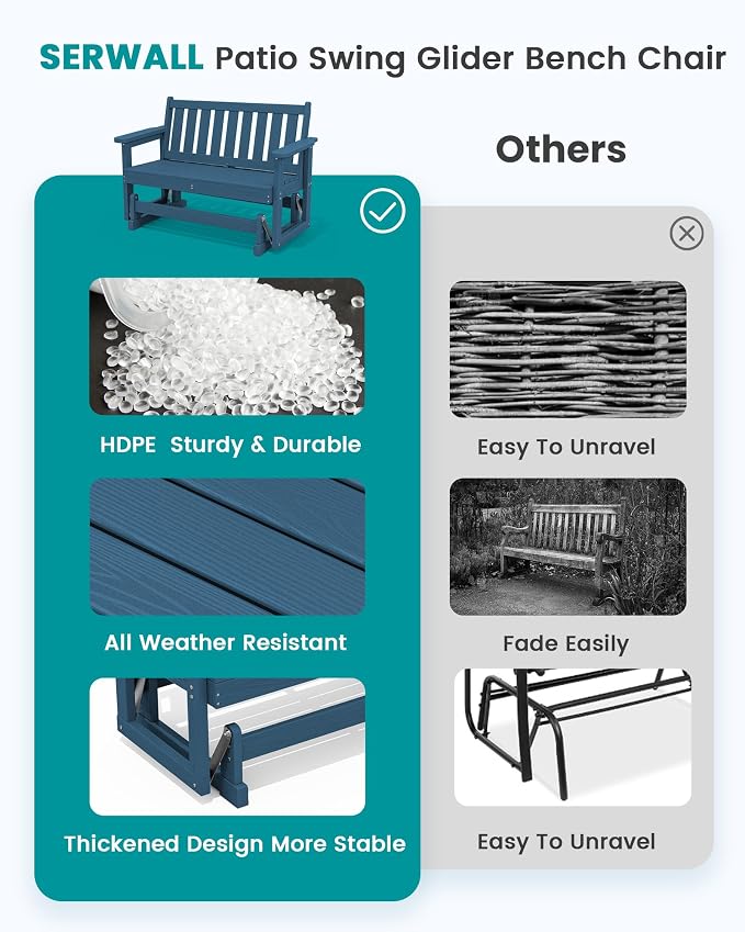 SERWALL Outdoor HDPE Glider Bench, All Weather Swinging Bench - Image 6