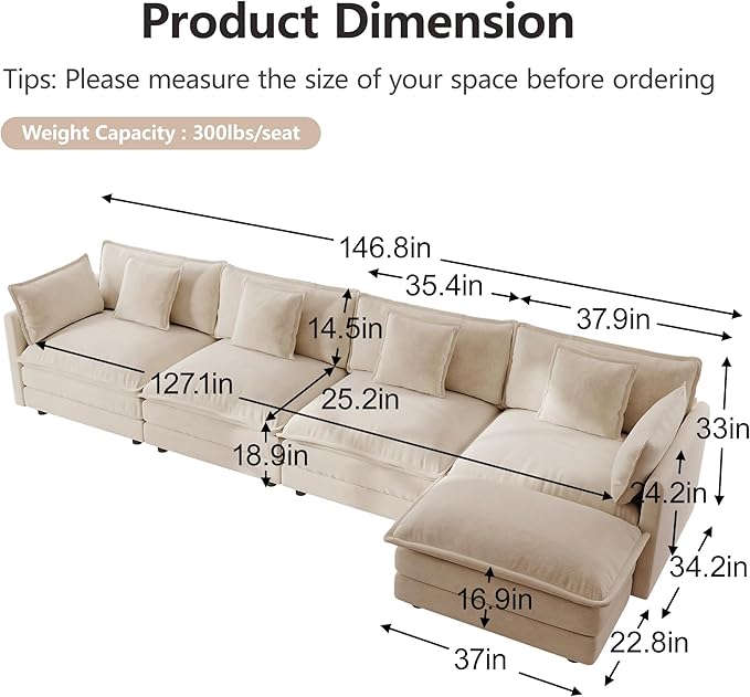 mikibama Modular Sectional Sofa, 146.5 Inch L Shaped Couch Set - Image 2