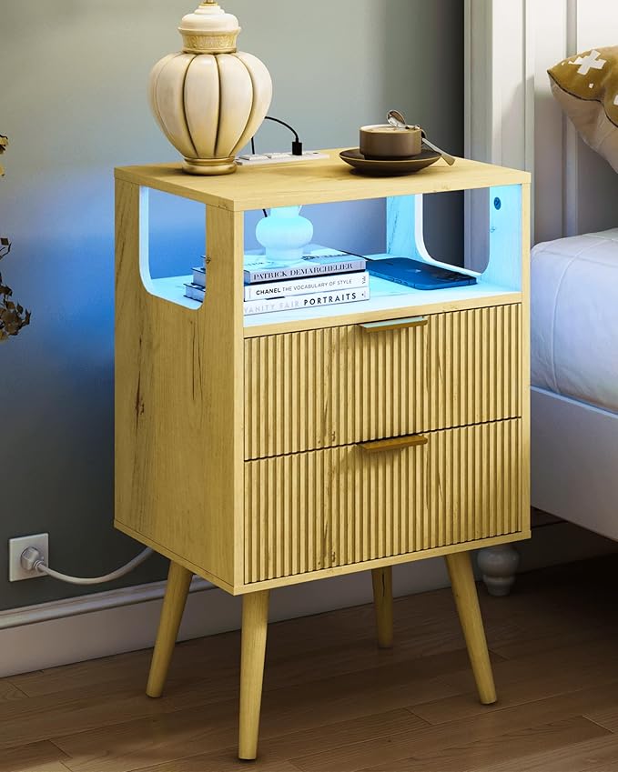 JOONEE Nightstand with Charging Station and LED Lights, Modern Bedside Table by JOONEE