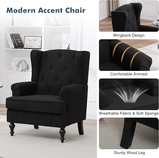 Accent Chair Set of 2, Mid Century Modern Fabric Wingback Chair, Upholstered - Image 5