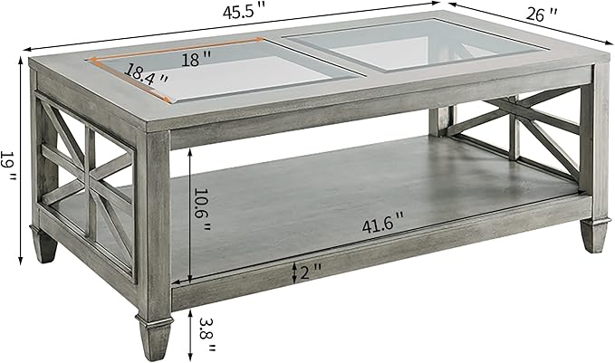 Solid Wood Coffee Table with Tempered Glass Top, 2-Tier 45.5" X 26" Farmhouse - Image 6