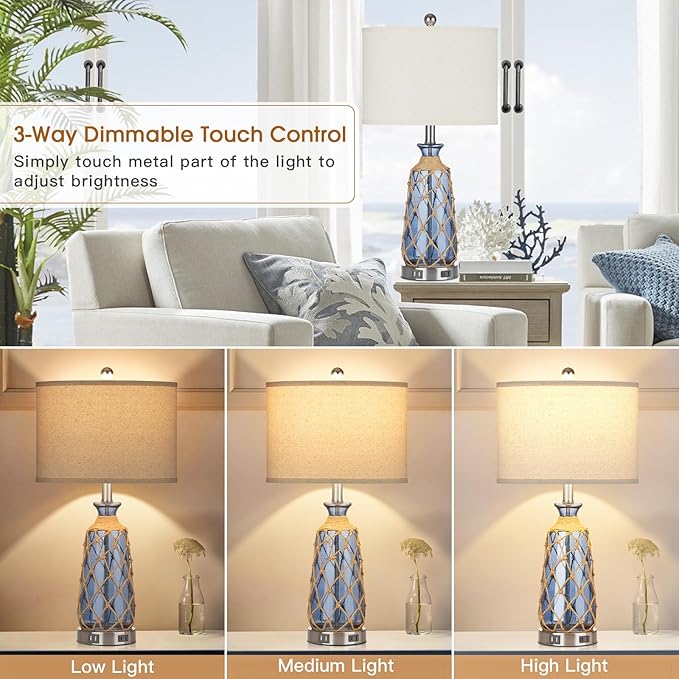 Ruzectt Coastal Glass Table Lamps, 3-Way Dimmable Touch Control Bedside Lamps - Image 2
