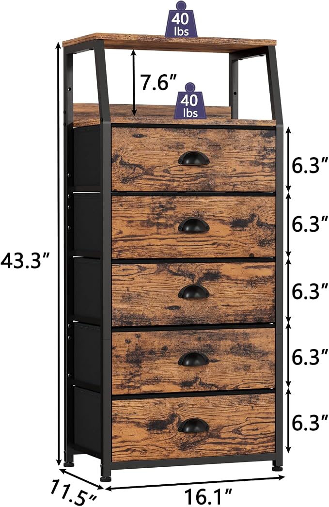 Furnulem Tall 5 Drawers Dresser, Vertical Storage Tower Fabric Dresser - Image 3