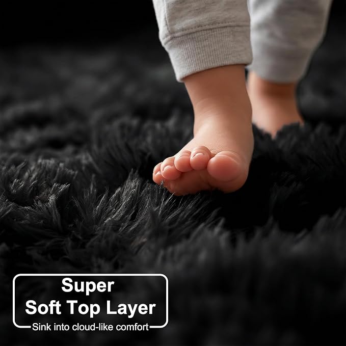 Black Round Rug 7Ft for Bedroom Aesthetic, Fluffy Plush Circle Area Rugs for - Image 2