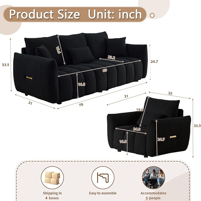 Antetek Set of 3 Teddy Sofa for Living Room, Modern 2 Units Deep Seat Sofa - Image 2