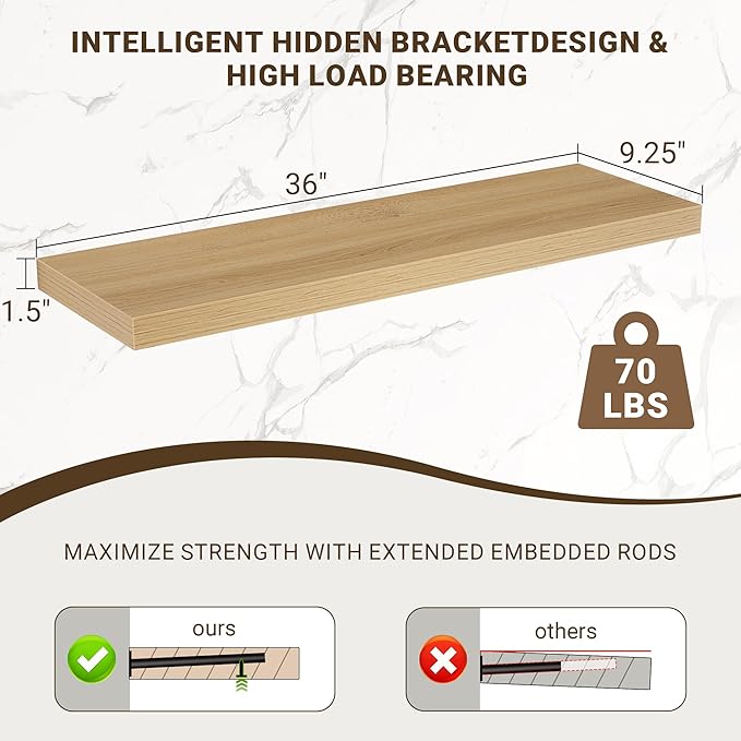 Acovy 36 Inch Floating Shelves, 3D Textured Wood Grain, Wooden Shelves - Image 3