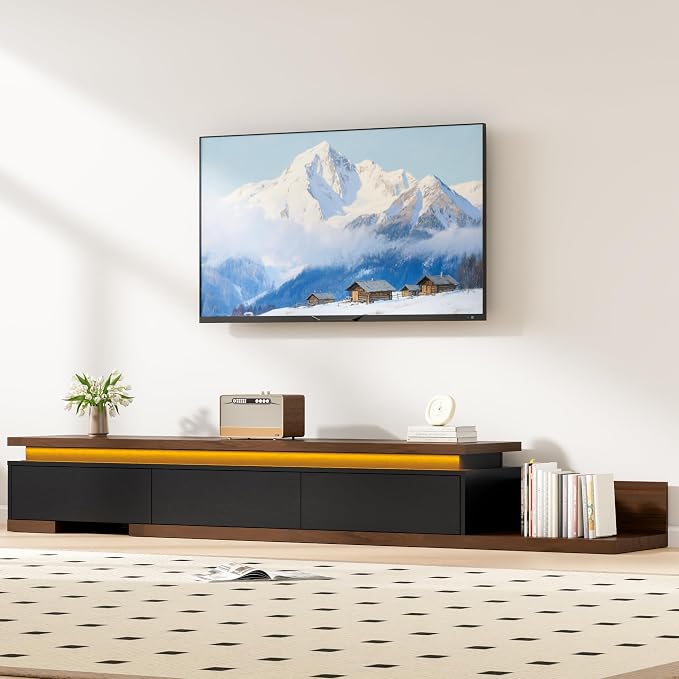 Extendable TV Stand with LED Lights, Modern TV Console with 3 Drawers, Wooden by Callales
