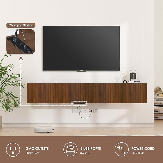 71” Floating TV Stand with LED Lights & Charging Station, Wall Mounted - Image 2