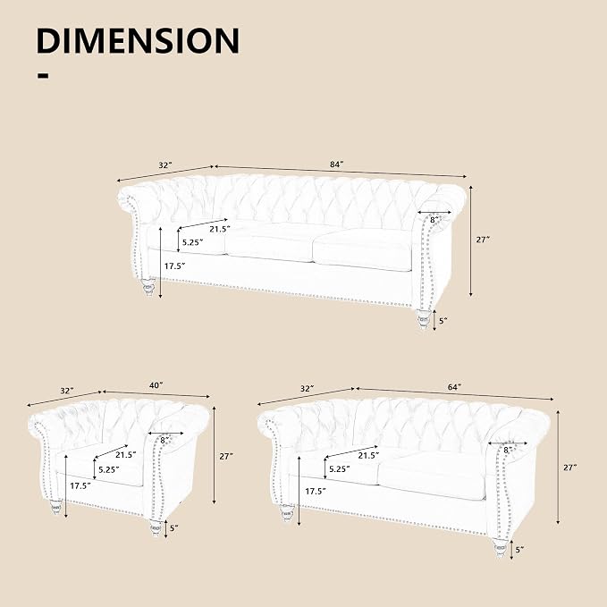 QHITTY 2 Piece Living Room Set, Sectional Chesterfield Sofa Chair Contemporary - Image 3