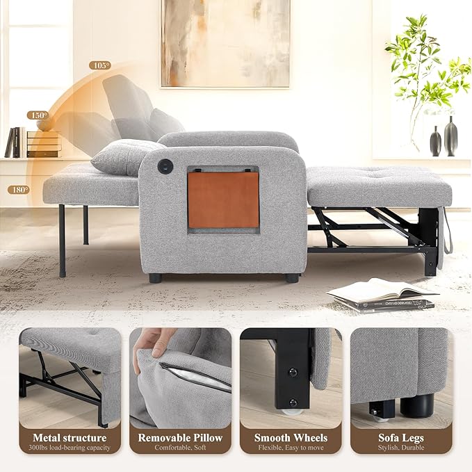 Convertible Sleeper Chair-Fabric Futon Sofa Bed, Single Sleeper Sofa, Small - Image 5