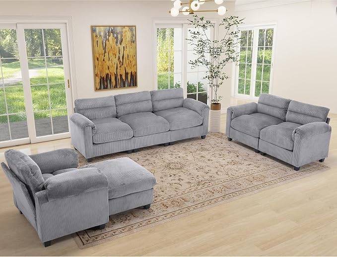 HAOMARKETS Corduroy 3-Piece Sofa Set, Upholstered Ottoman, Loveseat 2-Seater - Image 6