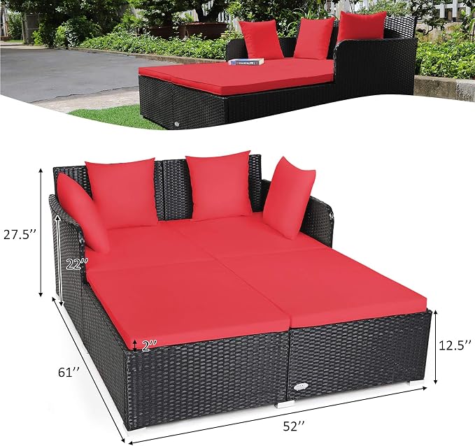 COSTWAY Outdoor Patio Rattan Daybed, Sponge Cushioned Loveseat Sofa - Image 3