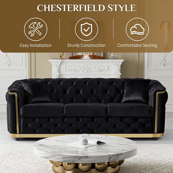DAMAIFROM Velvet Couch Black and Gold Sofa Luxury Loveseat 84.6" Mid Century - Image 5