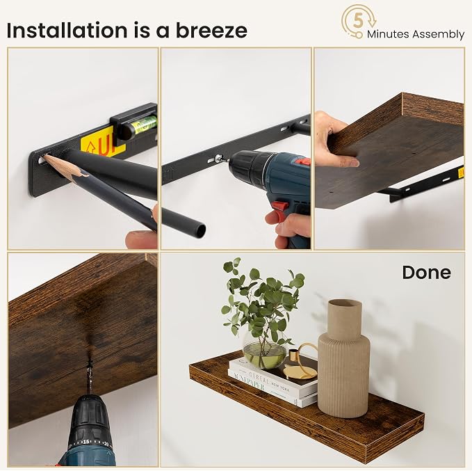 Fun Memories Floating Shelves for Wall, 12 Inch Set of 3 Rustic Wood Wall - Image 8