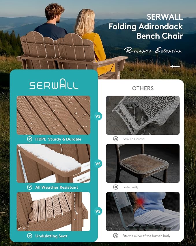 SERWALL Folding Adirondack Bench, HDPE All-Weather Adirondack Loveseat Set of 2 - Image 7