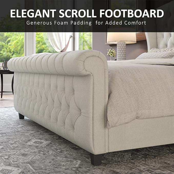 AMERLIFE King Size Platform Bed Frame, Chenille Upholstered Sleigh Bed - Image 5