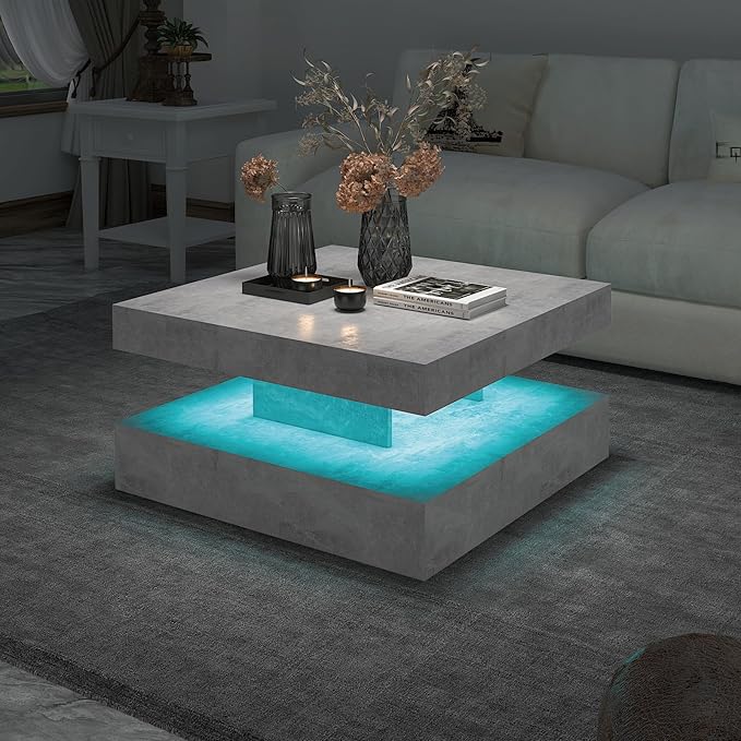 HedoAjim Grey LED Coffee Table for Living Room, Living Room Table 2-Tier Square - Image 3
