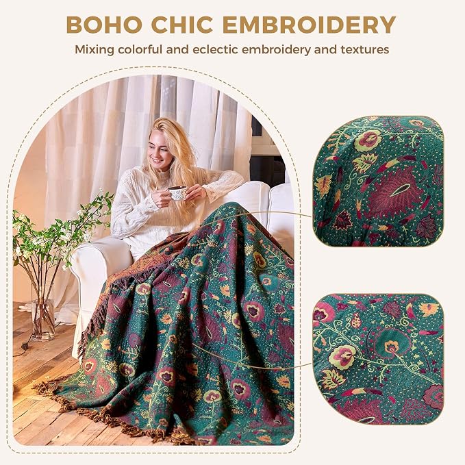 LUTBM Boho Throw Blanket for Bed 100% Cotton Soft Quilt Home Livingroom Decor - Image 3