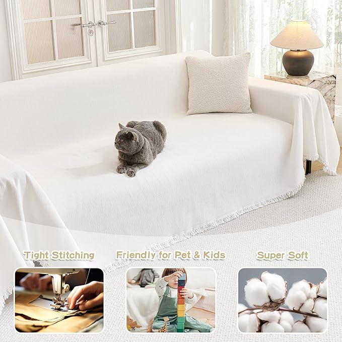 MYSKY HOME Couch Covers for Pets Thick Chenille White Cream Sofa Slipcover - Image 2