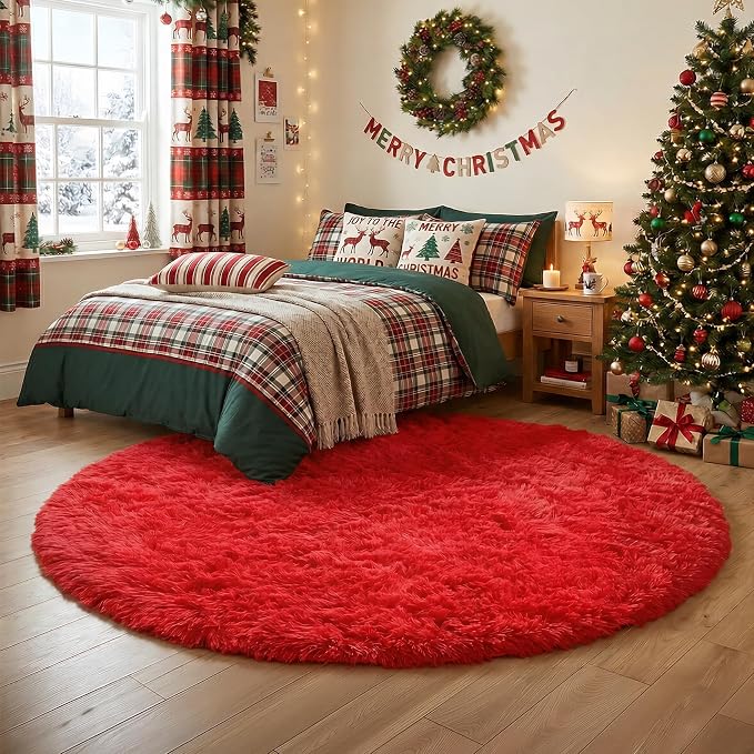 Red Round Circle Rug 6Ft for Bedroom, Large Fluffy Shag Area Rugs for Kids Room - Image 9