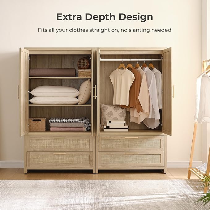 SICOTAS Rattan Armoire Wardrobe Closet Cabinet, and Hanging Rod, Boho - Image 4