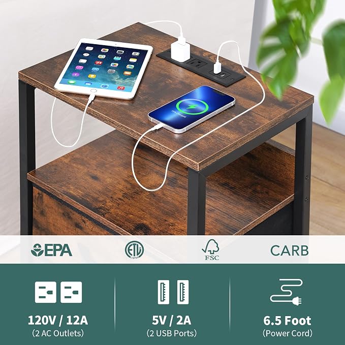 Yoobure Nightstand with Charging Station, Small Night Stand with Fabric Drawers - Image 5