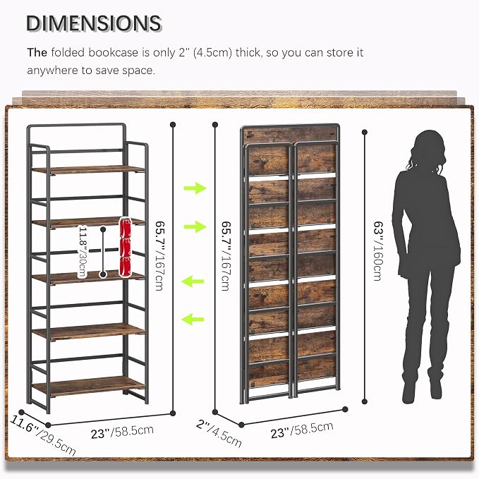 4NM No Assembly 5 Tiers Folding Bookshelf Storage Shelves Vintage Bookcase - Image 2