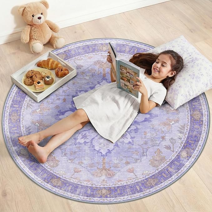 RELEANY Area Rugs Round 4ft Washable Non-Slip, Floral Vintage Distress Print by RELEANY
