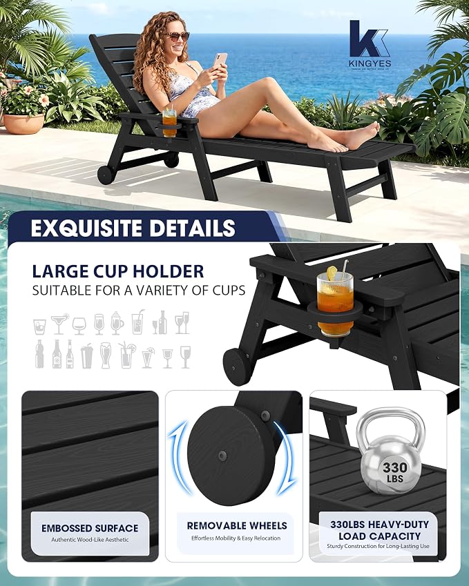 KINGYES HDPE Lounge Chair Outdoor Set of 4, Patio Chaise Lounge Recliner - Image 4
