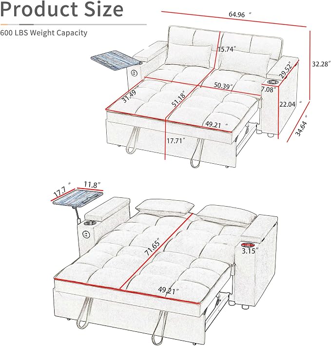 hansones ​66" Multi-Functional Pull-Out Sofa Bed - Image 2