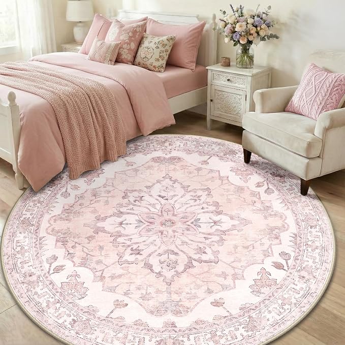 RELEANY Area Rugs Round 6ft Washable Non-Slip, Floral Vintage Distress Print - Image 3