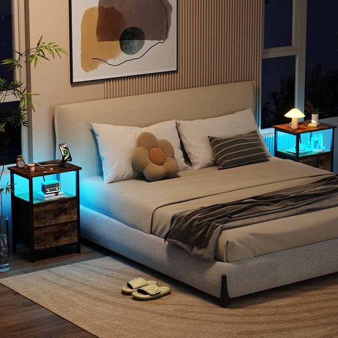 LOAKEKEL Night Stand with Charging Station, Small Bedside Table with USB Ports - Image 2