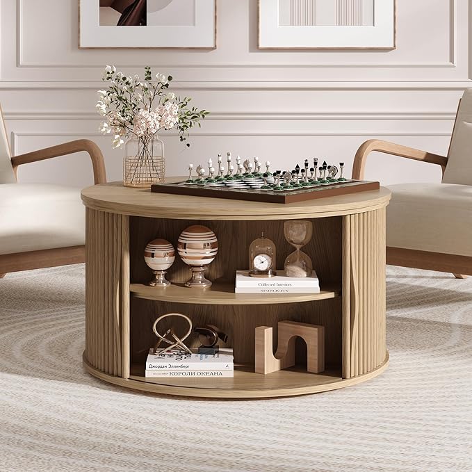 JOINICE 31.5" Round Lift Top Coffee Table, Natural Oak Modern Fluted Drum - Image 6