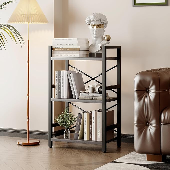 Homeiju Bookshelf, 3 Tier Industrial Bookcase, Metal Small Bookcase, Rustic - Image 2