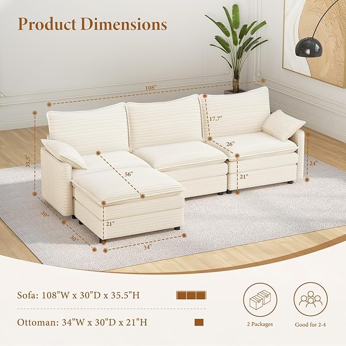 Vesgantti 108" Modular Cloud Couch, Deep Seat Sectional Sofa - Image 2