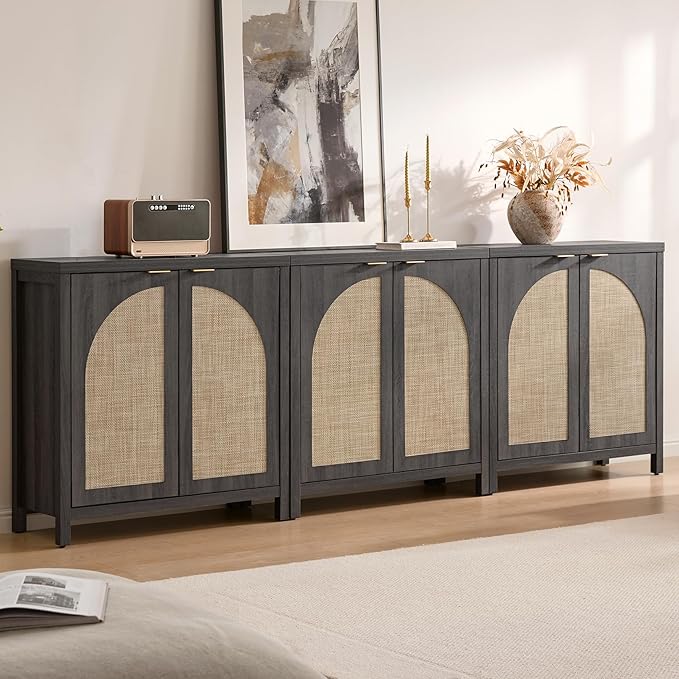 SICOTAS 102"W Rattan Sideboard Buffet Cabinet Set of 3, Modern Credenza Storage by SICOTAS