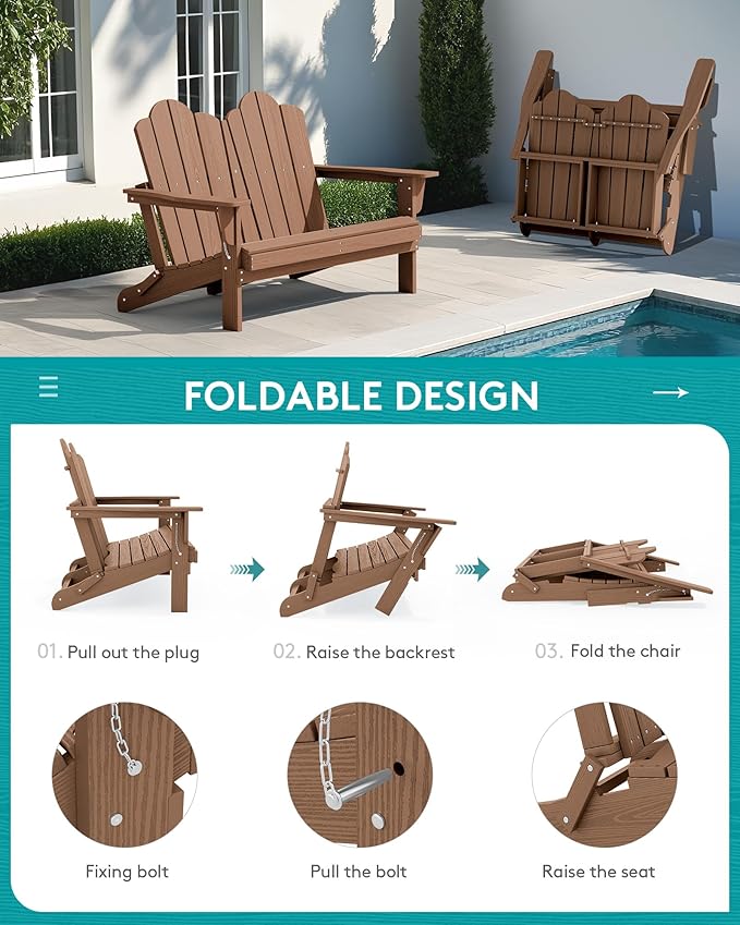 SERWALL Folding Adirondack Bench, HDPE All-Weather Adirondack Loveseat Set of 2 - Image 5